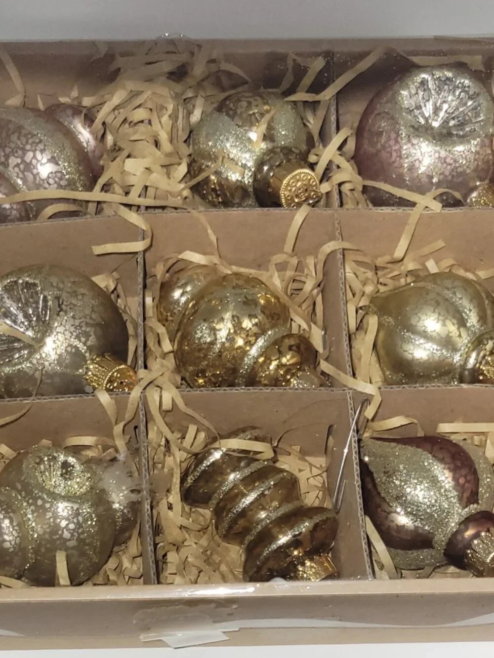 Glass Ornaments Burgundy & Gold w/glitter-Assorted, Sizes 2.5